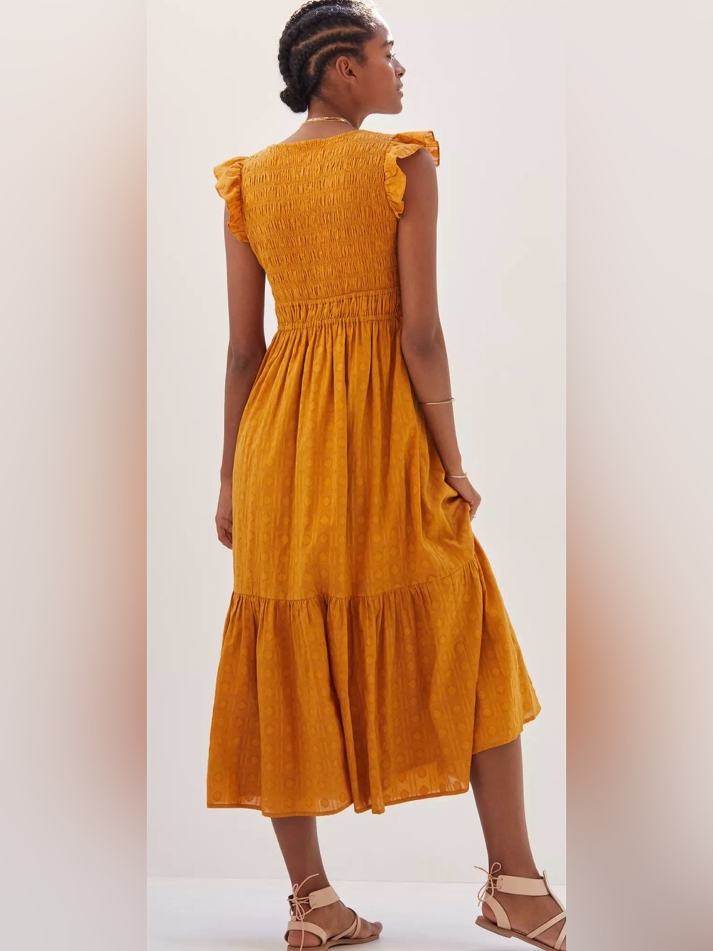 Anthropologie The Peregrine Midi Dress Mustard Marigold Yellow Smocked Boho Sz M - Picture 3 of 7